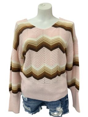 Chevron V-Neck Sweater in Pink and Brown